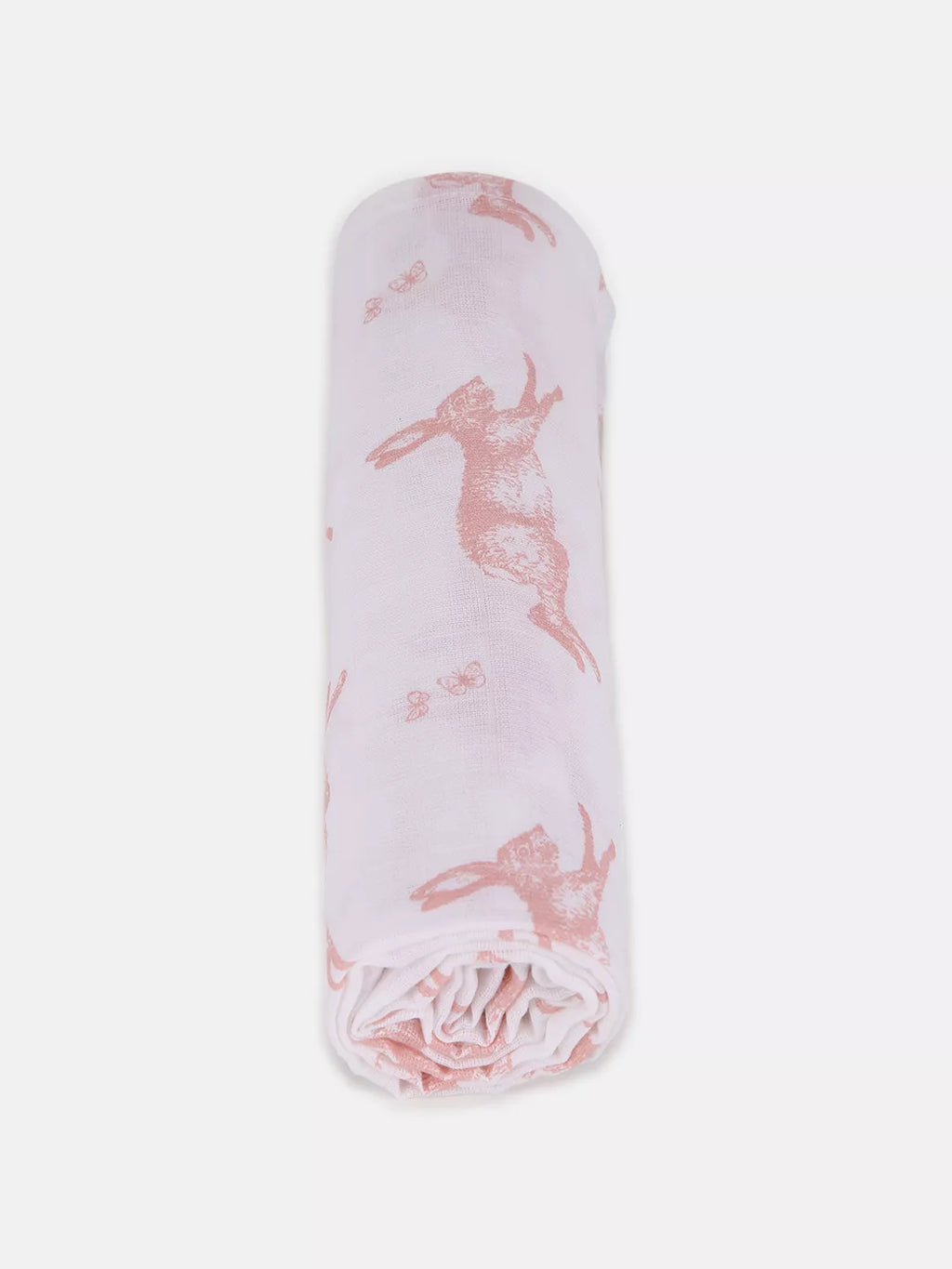 Pink and white swaddle blanket with deer pattern on a white background