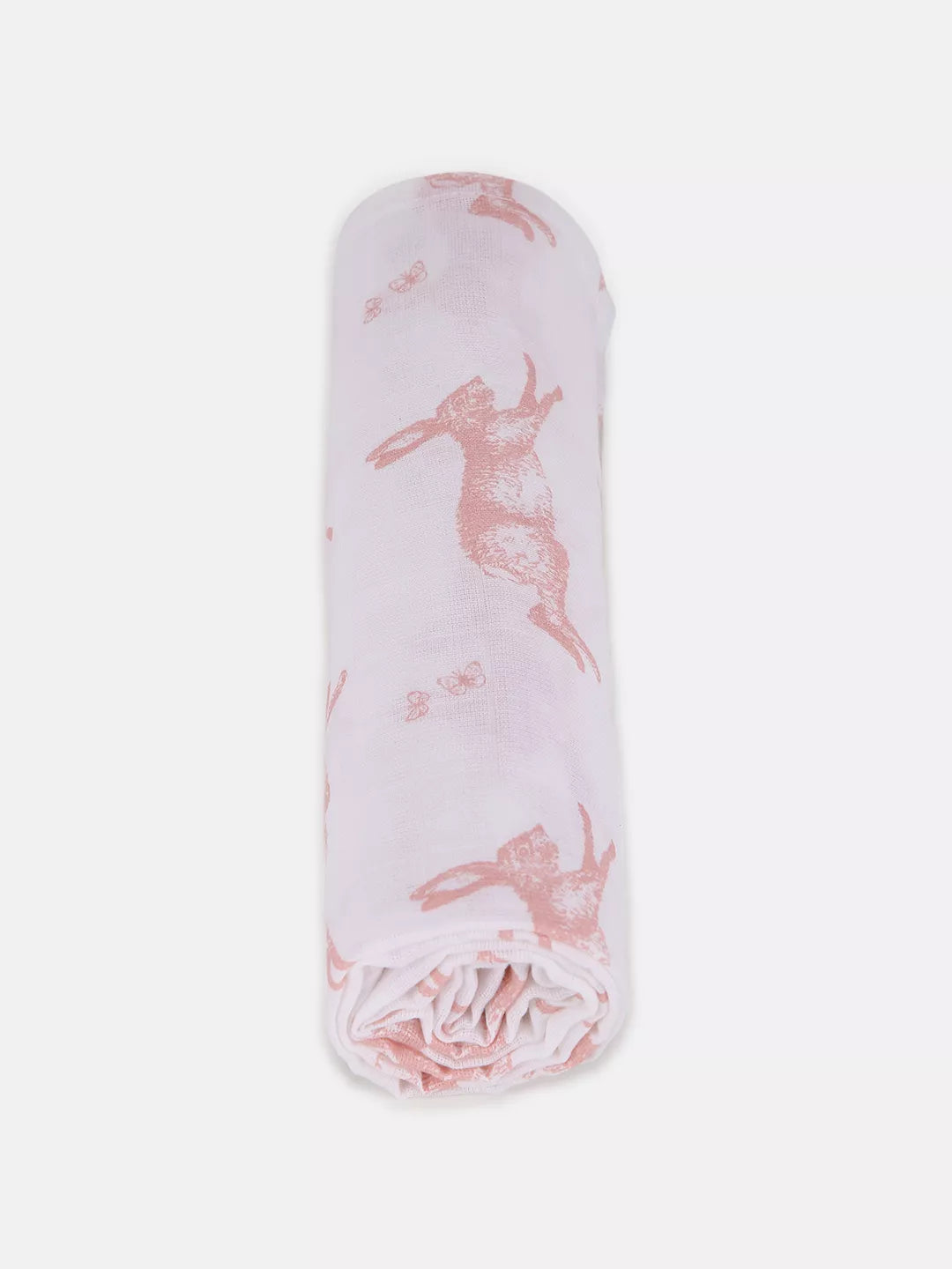 Pink and white swaddle blanket with deer pattern on a white background
