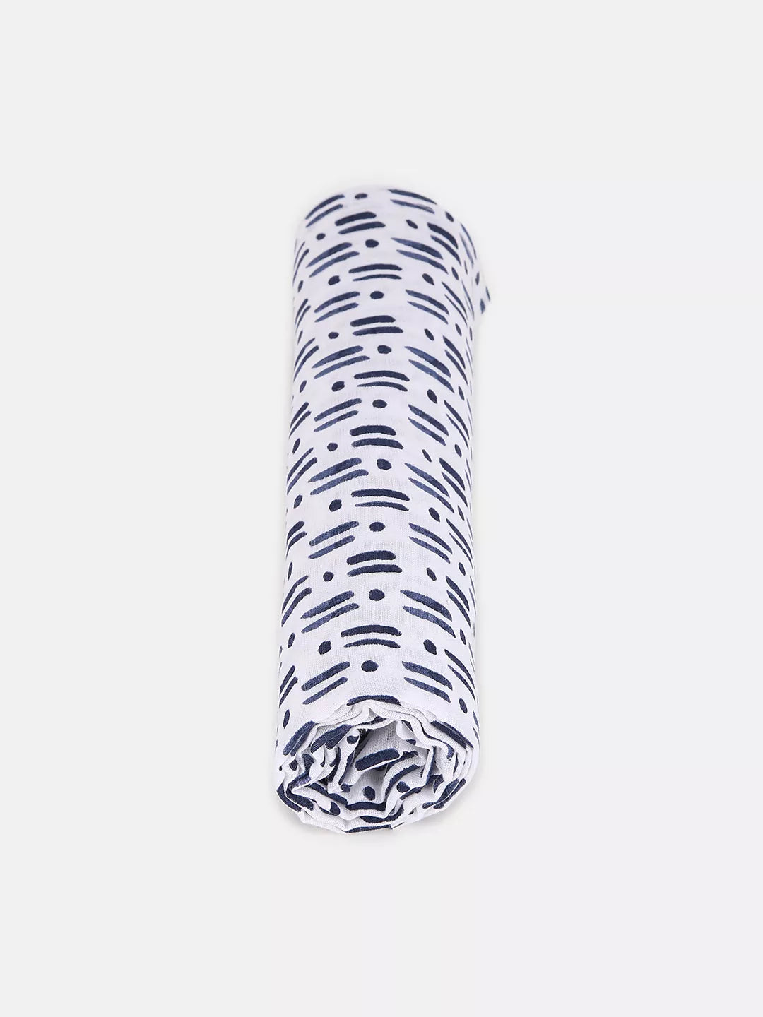Rolled-up fabric with black abstract pattern on a white background