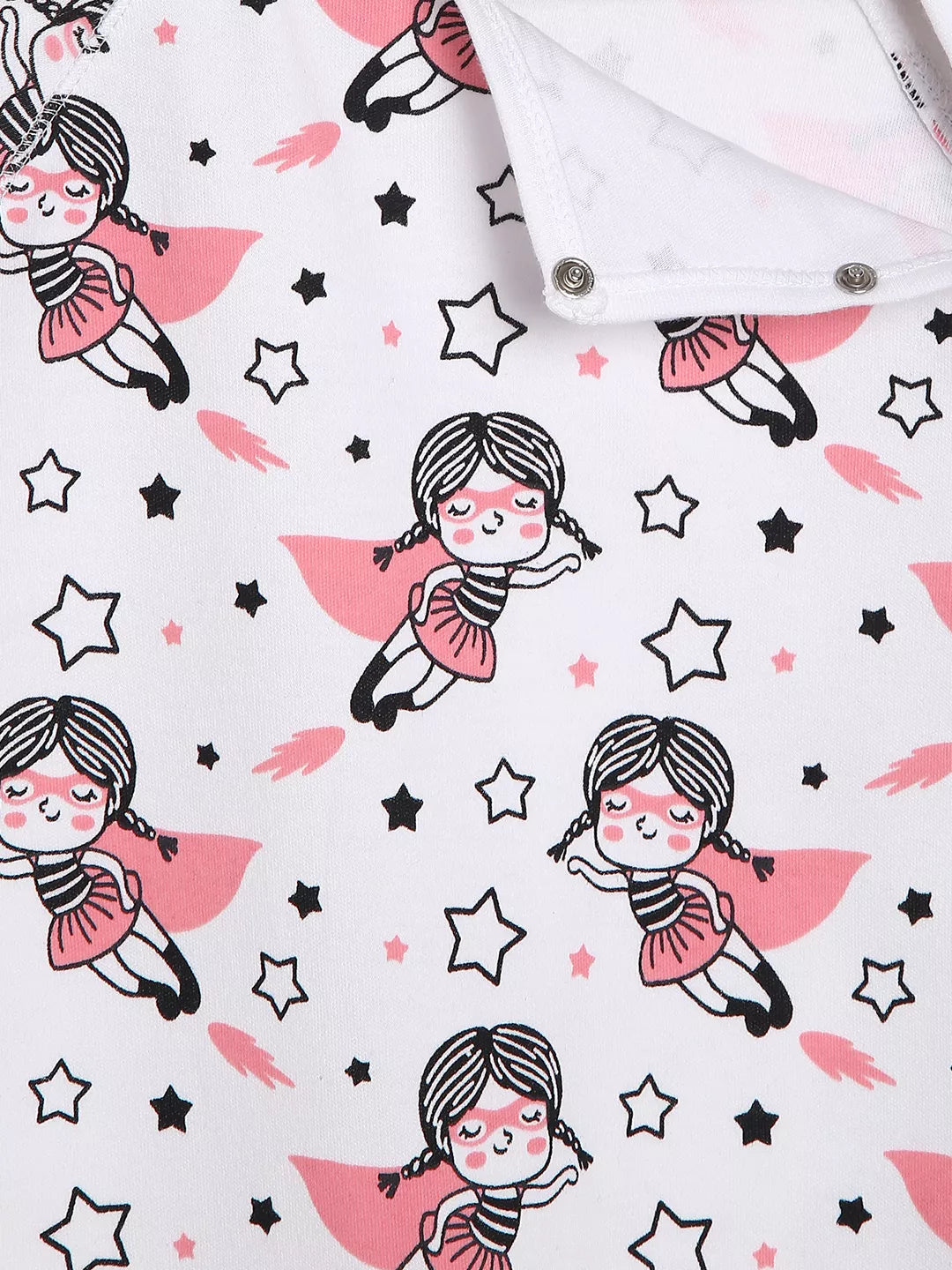 Fabric with fairy pattern featuring girls in pink capes and black stars on a white background.