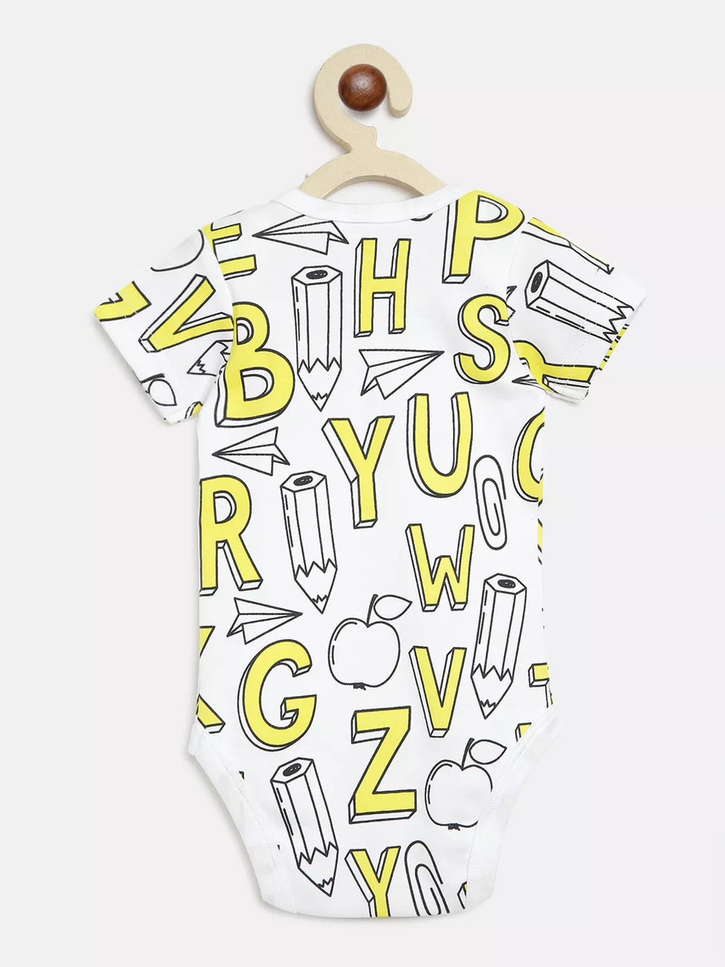 Baby bib with yellow alphabet letters and black illustrations on a white background