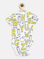 Baby bib with yellow alphabet letters and black illustrations on a white background
