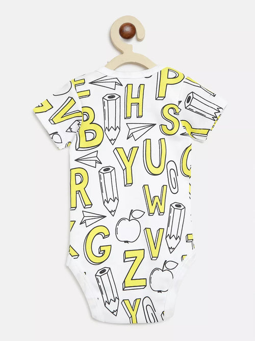 Baby bib with yellow alphabet letters and black illustrations on a white background