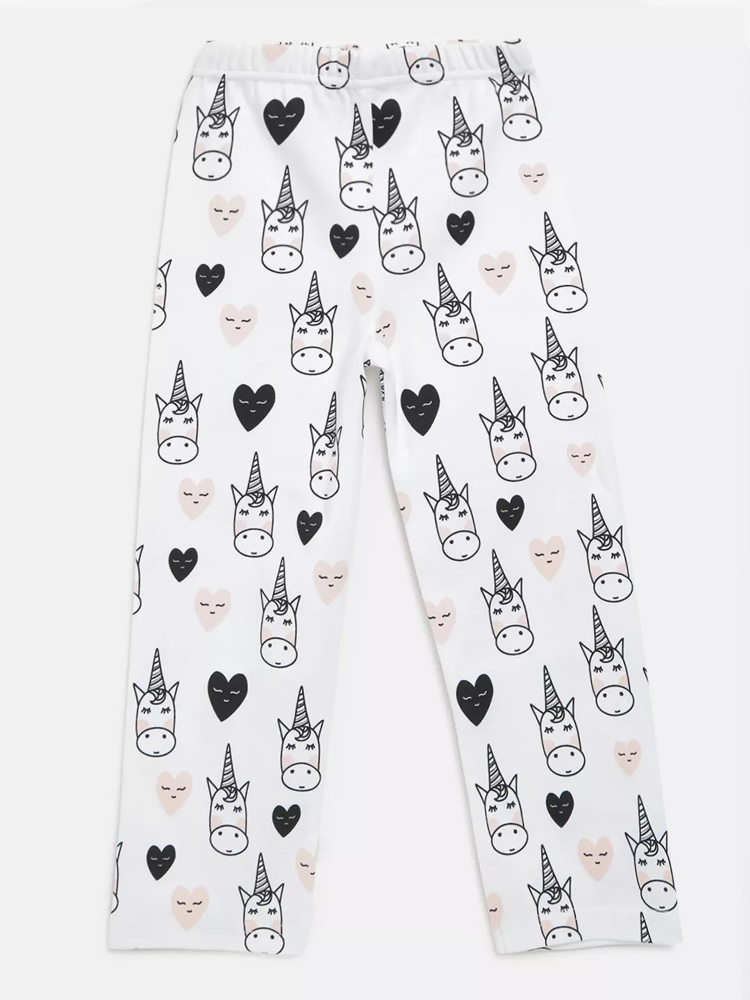 White pants with black and gray unicorn and heart pattern on a white background