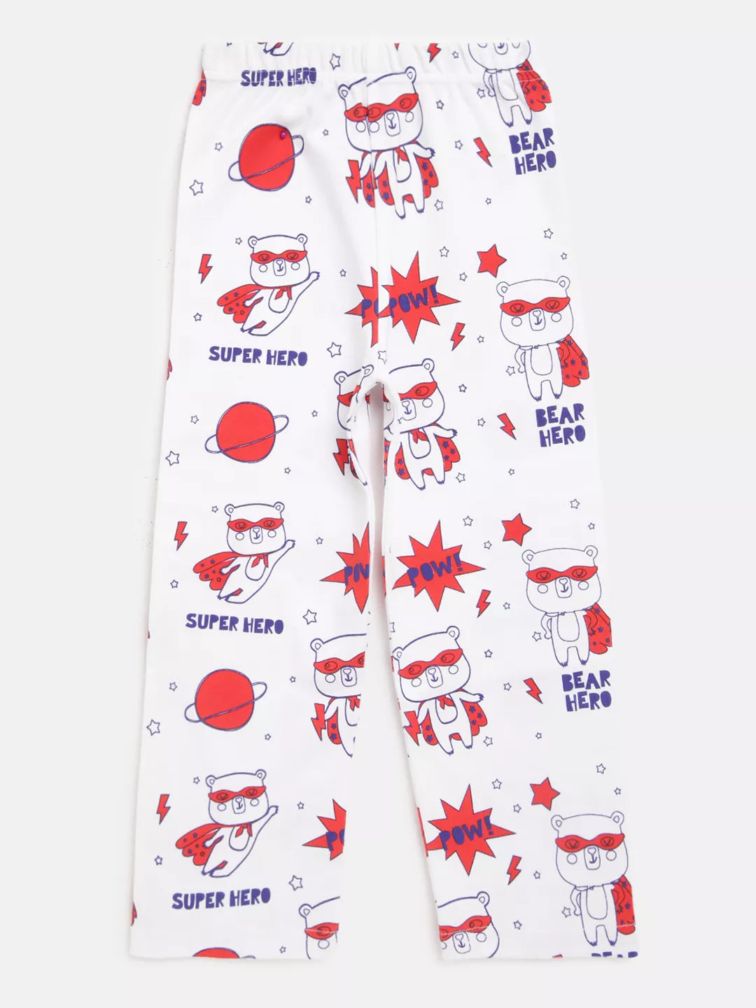 Pajama pants with superhero bear illustrations on a white background