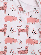 Baby onesie with pink animal pattern on a white background