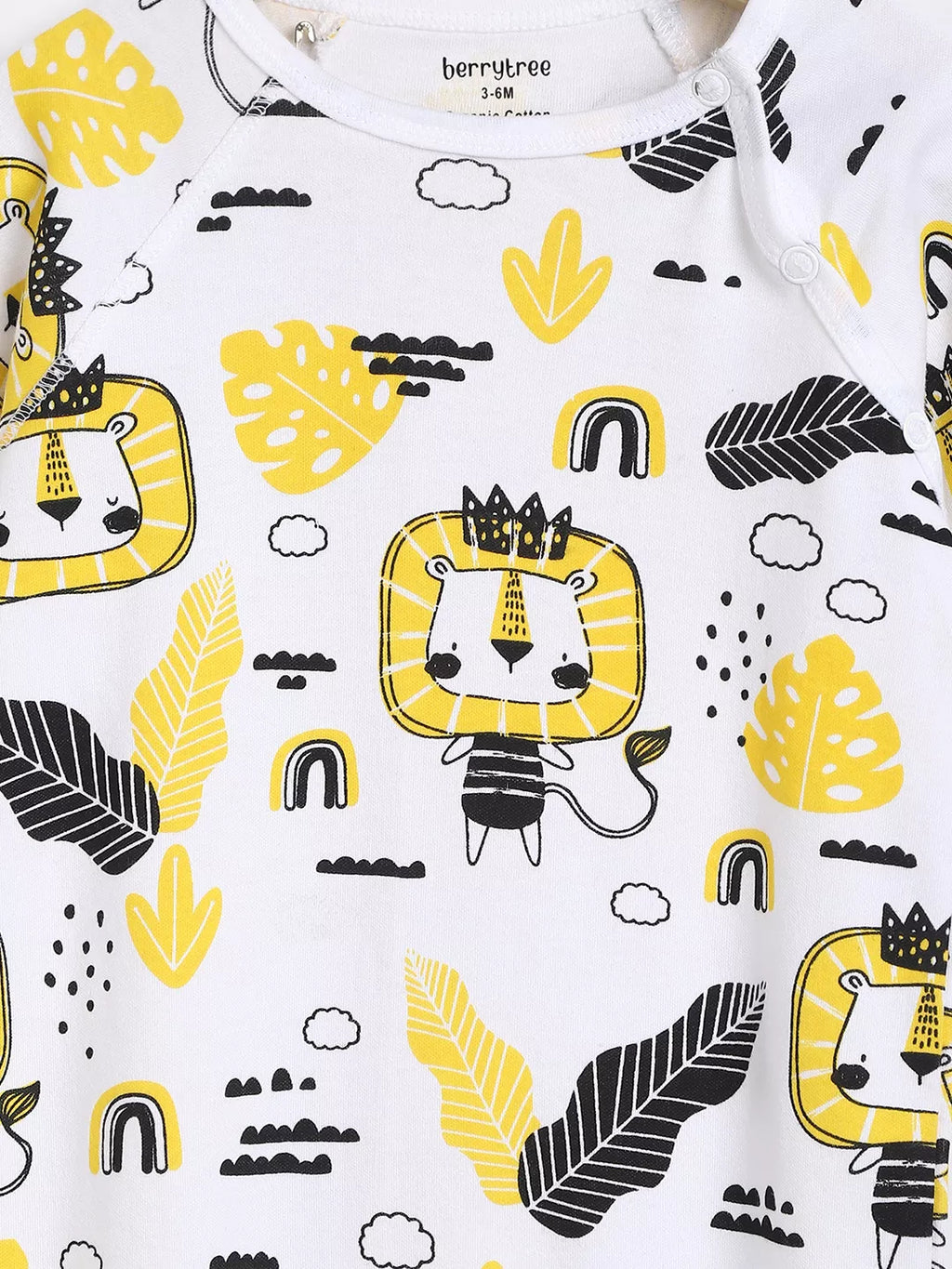 Children's t-shirt with lion and leaf pattern on a white background