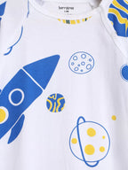 Children's outfit with space-themed design featuring rockets and planets on a white background.