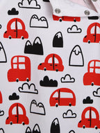 Pattern of red cars, black mountains, and clouds on a white background.