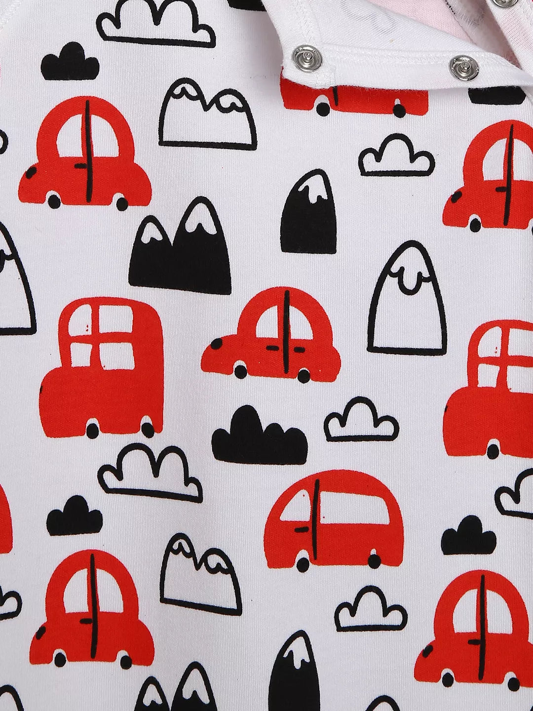 Pattern of red cars, black mountains, and clouds on a white background.