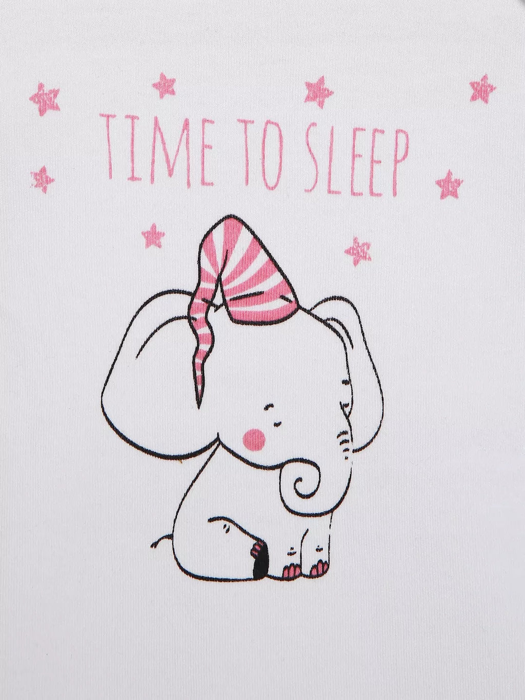 Cartoon elephant wearing a nightcap with 'Time to Sleep' text and stars on a light background