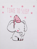 Cartoon elephant wearing a nightcap with 'Time to Sleep' text and stars on a light background