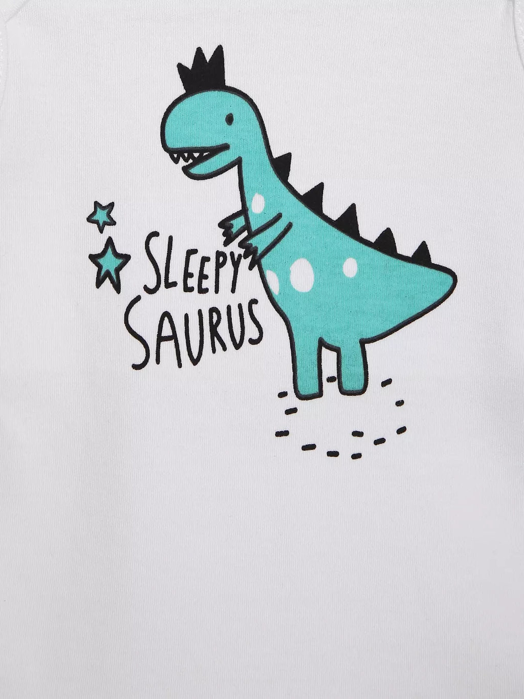 Teal dinosaur with 'Sleepy Saurus' text on a white background