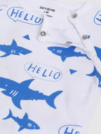 Baby outfit with blue shark prints and 'HELLO' text on a white background