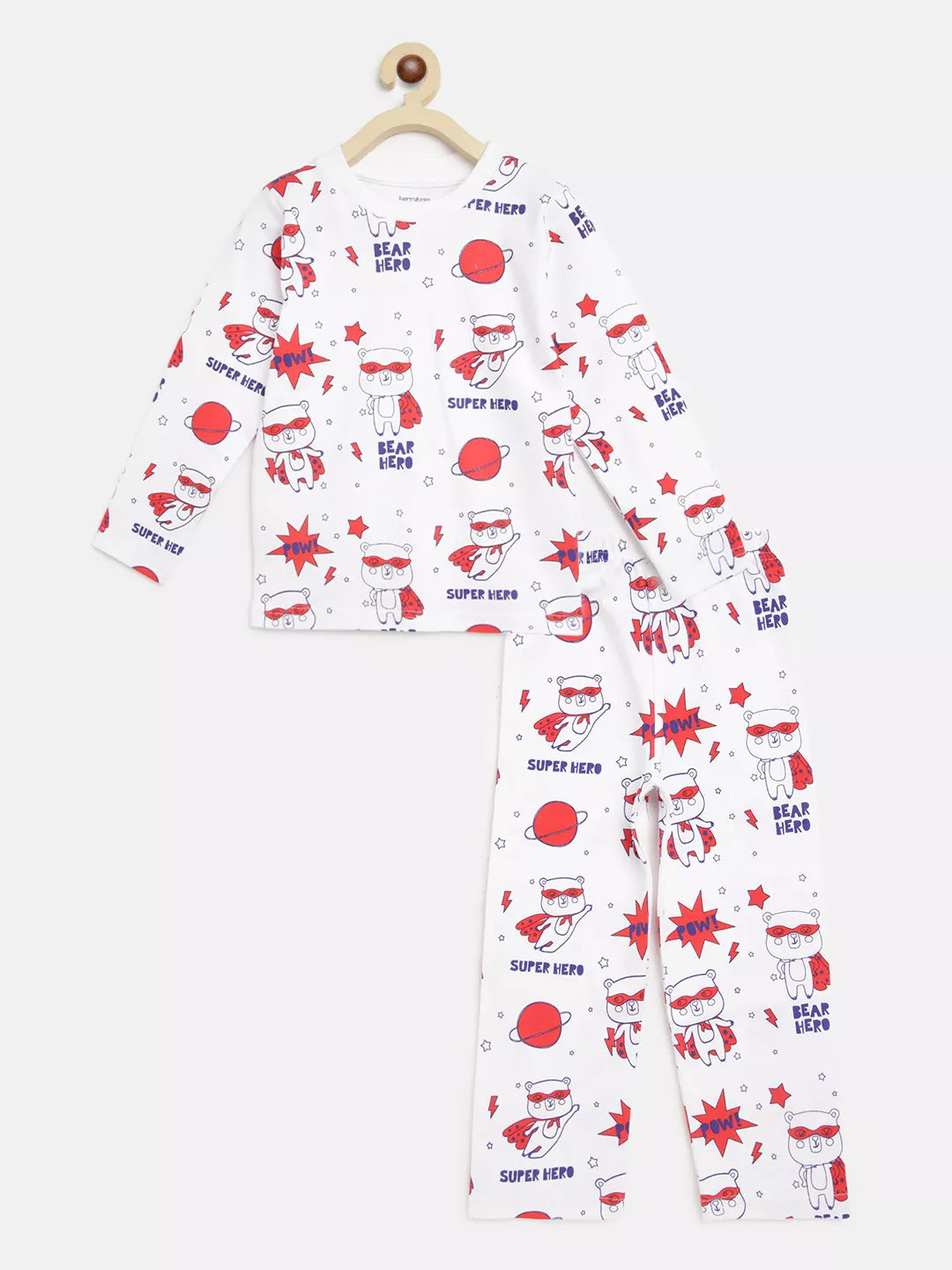 Children's pajama set with superhero print on a white background