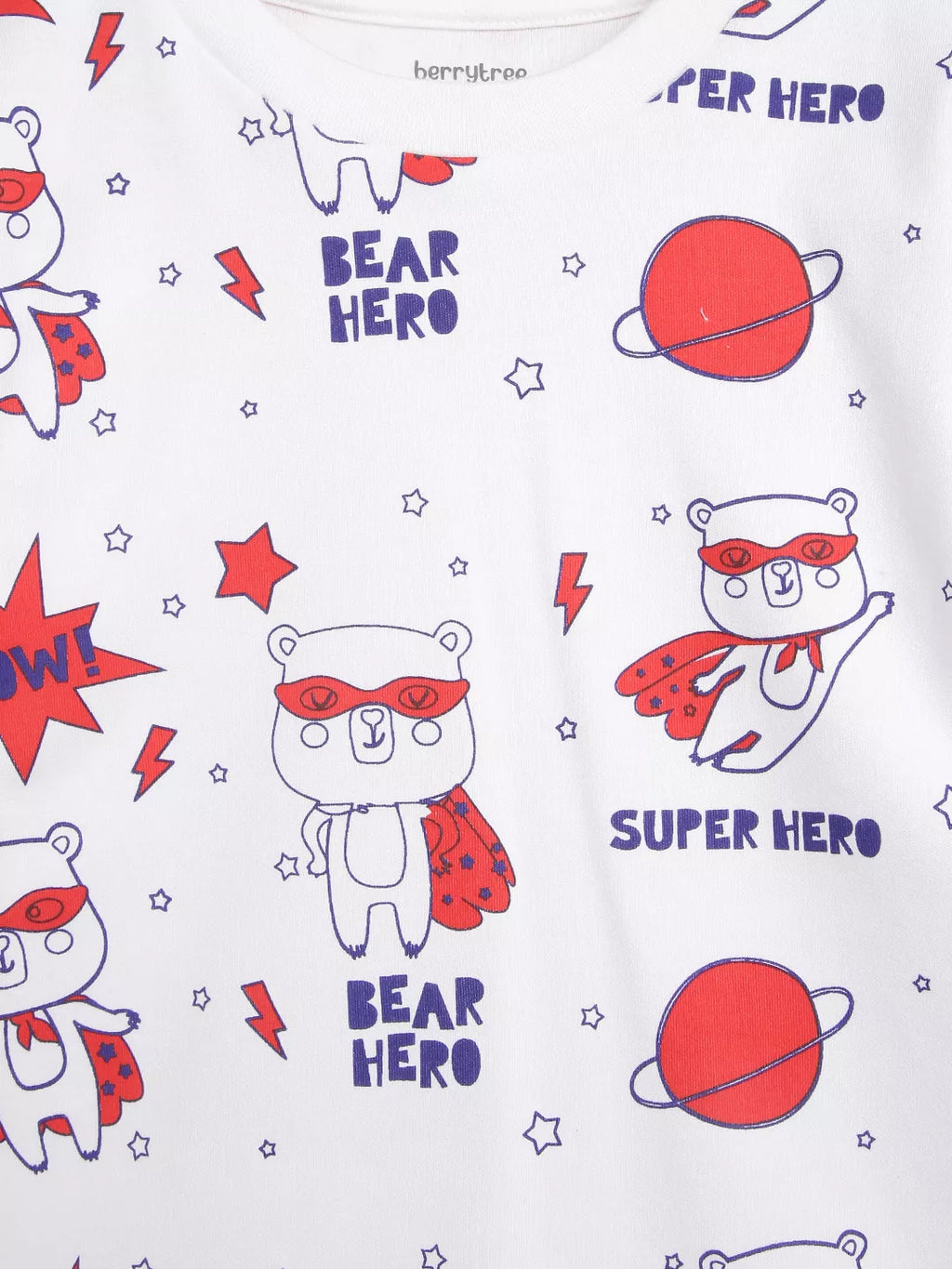 Children's t-shirt with superhero-themed design featuring bears, stars, and planets on a white background.