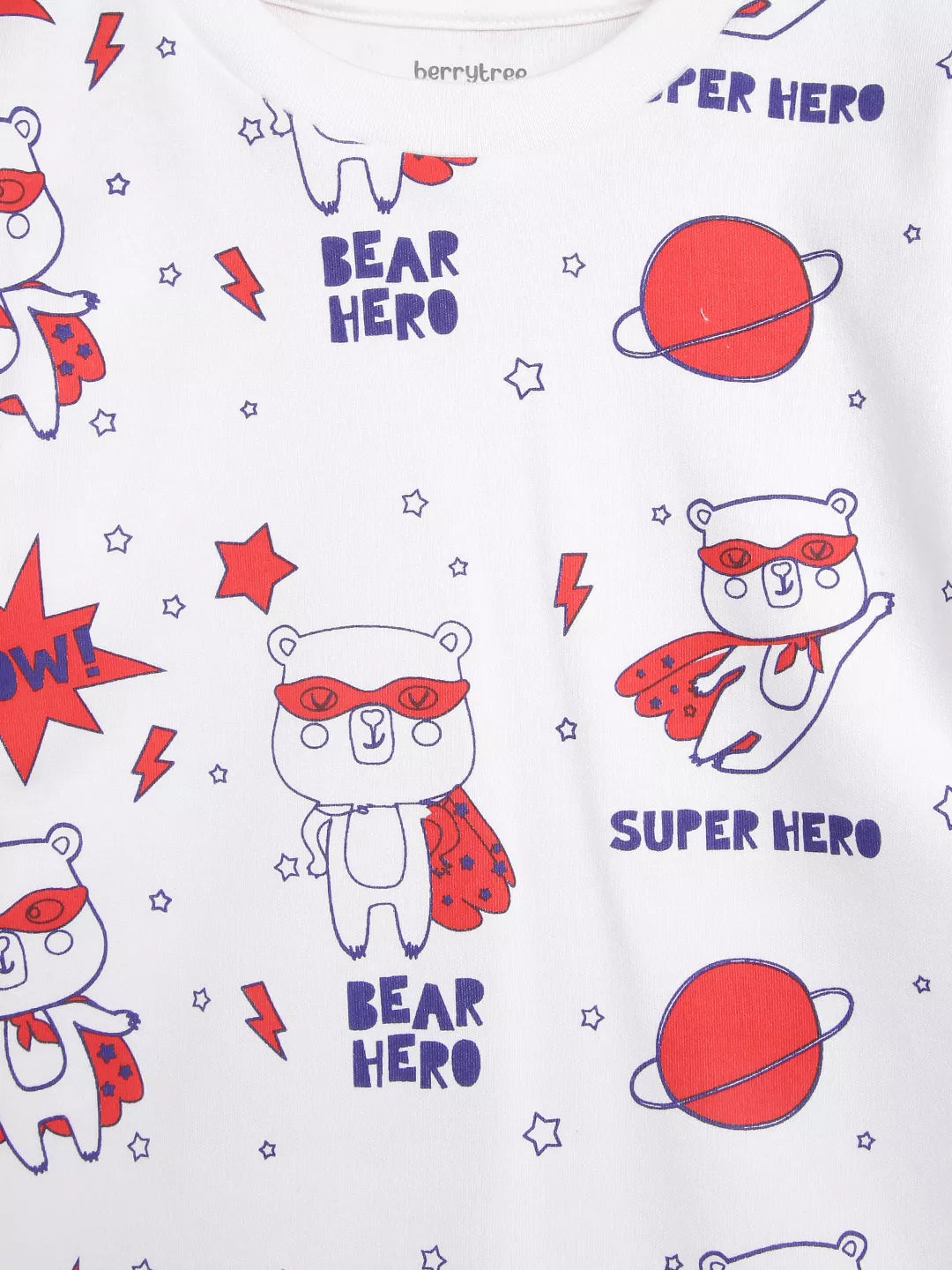 Children's t-shirt with superhero-themed design featuring bears, stars, and planets on a white background.