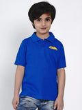 Child wearing a blue polo shirt with a yellow logo on a white background