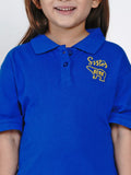 Child wearing a blue polo shirt with 'Sister Bear' text on a white background