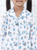 Children's pajama top with blue animal pattern on a white background