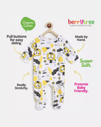 Baby onesie with yellow and black patterns on a white background, featuring text about the product's features.